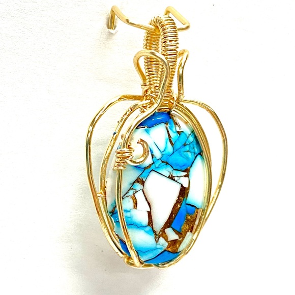 HANDCRAFTED Blue Dahlia Cabochon Hand Wrapped Pendant, Artisan Jewelry Gift Her - Picture 6 of 9